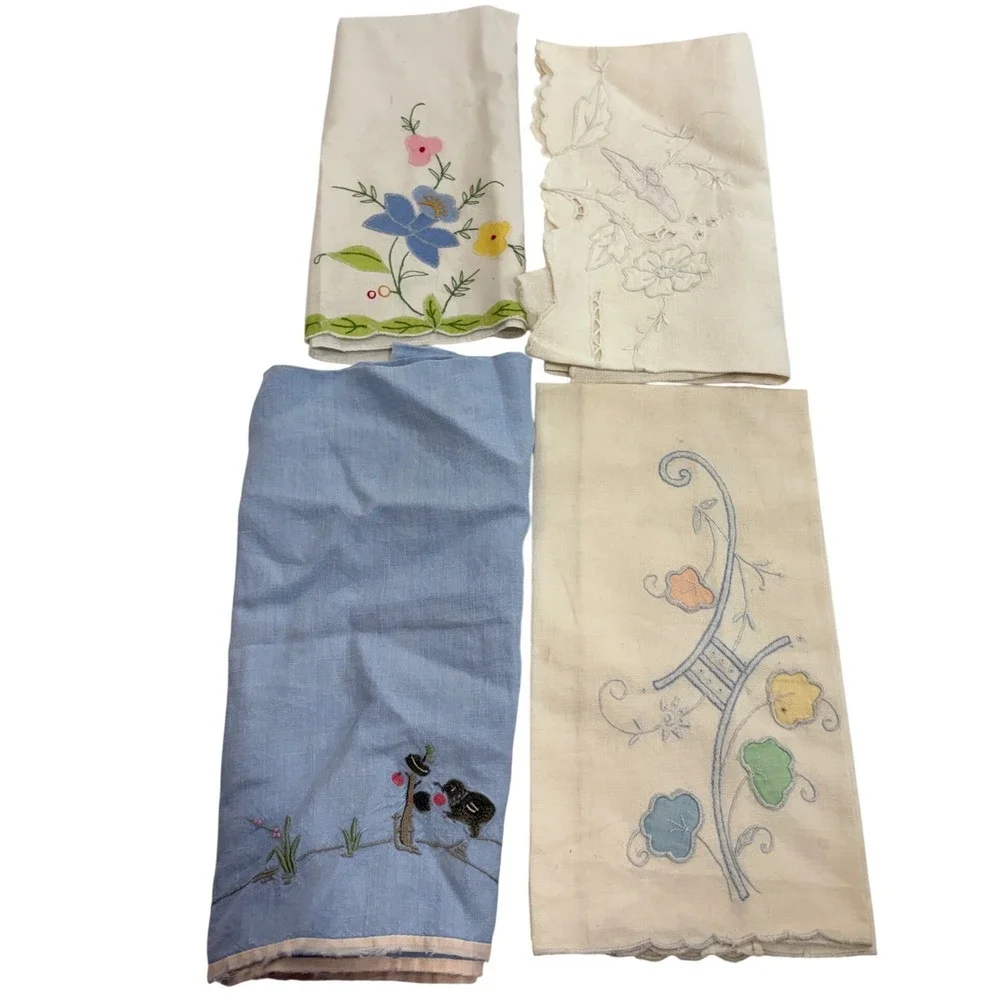 Vintage Hand Embroidered Linen Lot Floral Bird Scalloped Edge Tea Towels 4pc